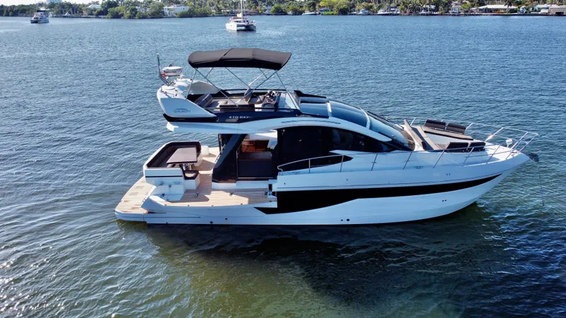 Slide: The Image of 2022 Galeon 470 Sky yacht on calm water. - 3
