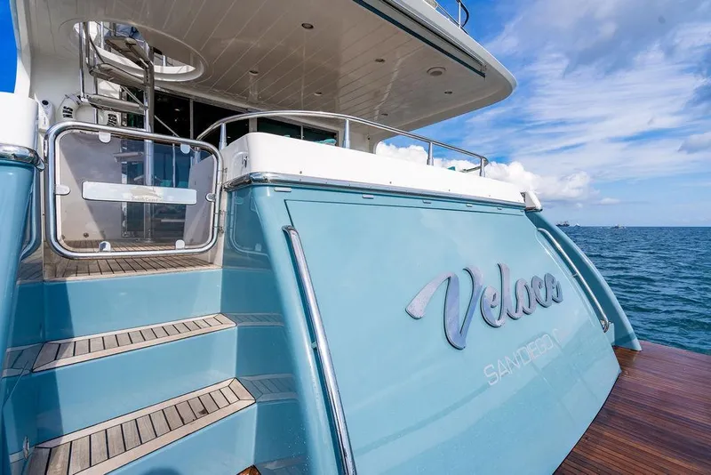 Slide: The Image of Luxury yacht "Veloce" with elegant design, Custom 73 Lanzarote, 2013 model, docked at sea. - 23