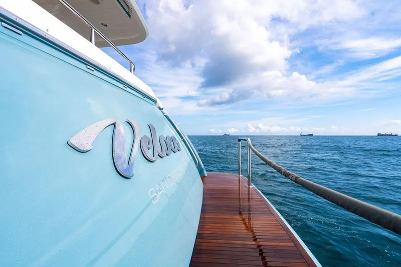 Slide: The Image of Luxury yacht "Velaa" on ocean, Custom 73 Lanzarote, 2013 model, clear sky. - 24