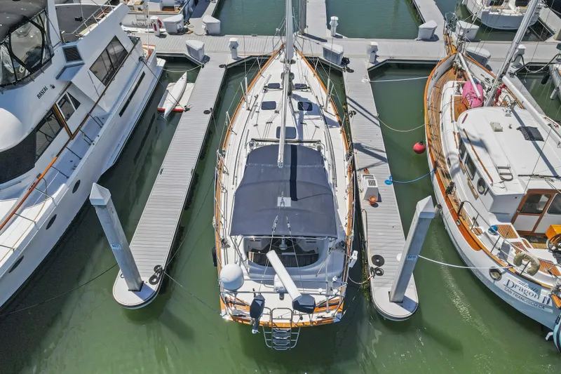 Slide: The Image of Aerial view of a 2009 Pasport 51 yacht docked at a marina. - 40