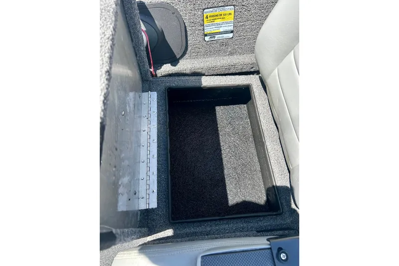 Slide: The Image of Storage compartment in a 2017 Triton 18 C TX boat, featuring carpeted interior. - 24