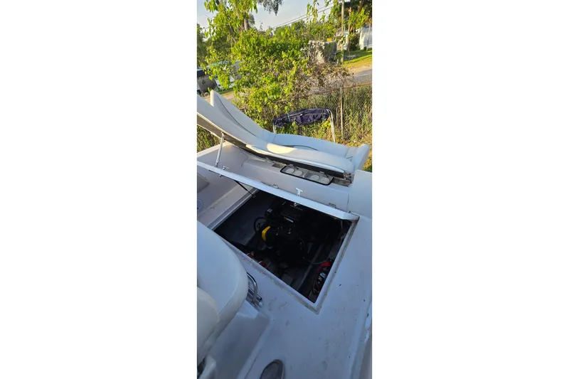 Slide: The Image of 1999 Four Winns 258 Vista boat engine compartment open, surrounded by greenery. - 25