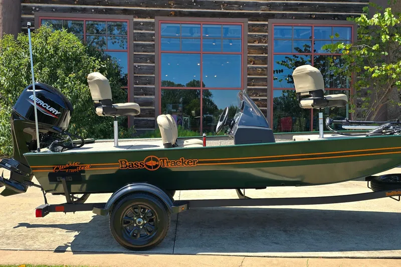 The Image of 2026 Tracker Bass Tracker Classic Limited boat on trailer, parked outdoors. - 0