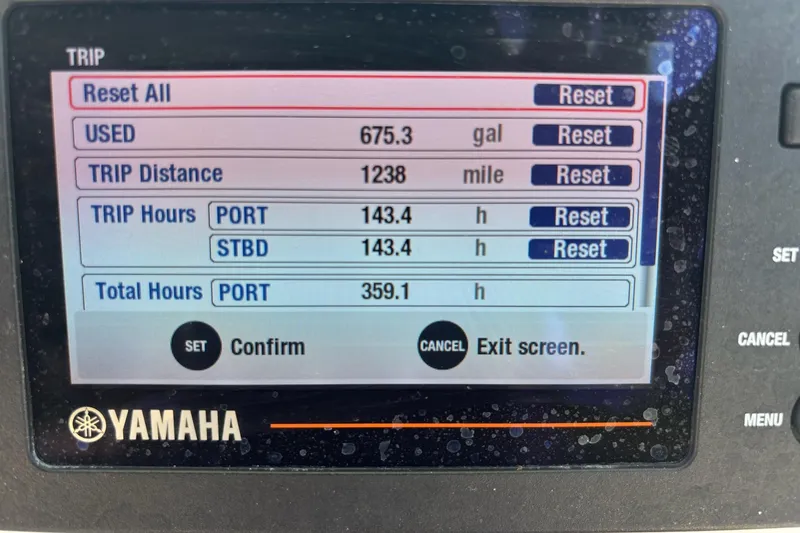 Slide: The Image of Yamaha display showing trip data: 675.3 gallons used, 1238 miles traveled on Key West 244 Center Console. - 14