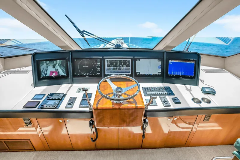 Slide: The Image of Helm of 2008 Hatteras 77 Convertible yacht with advanced navigation systems. - 83