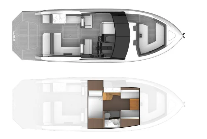 Slide: The Image of 2023 Cruisers Yachts 34 GLS I/O floor plan, top and side views, showcasing interior layout. - 73