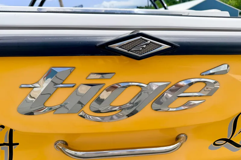 Slide: The Image of Close-up of 2014 Tigé R20 boat logo on a yellow background. - 22