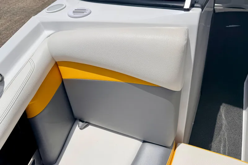 Slide: The Image of 2014 Tigé R20 boat interior with white, gray, and yellow upholstery detail. - 62