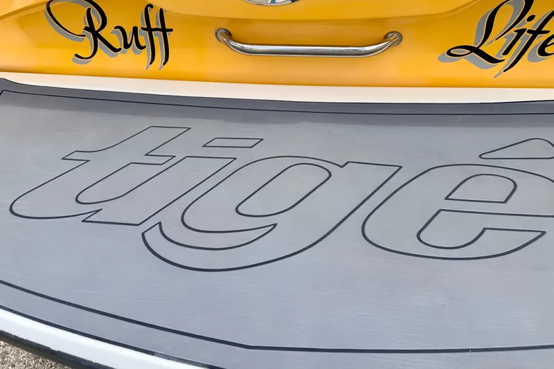 Slide: The Image of 2014 Tigé R20 boat with "Ruff Life" and logo on yellow and gray surface. - 17