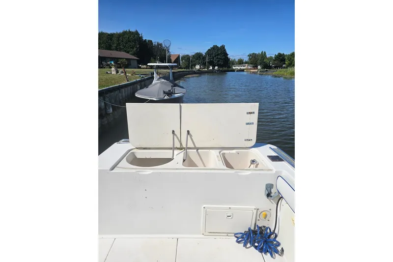 Slide: The Image of 1998 Pro-Line 3250 Express boat on a calm river, featuring open storage compartments. - 3