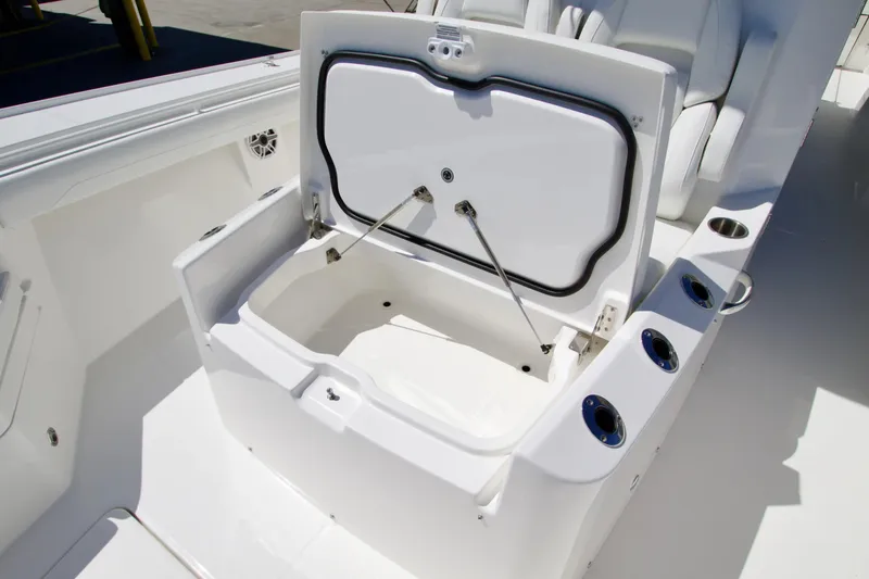 Slide: The Image of Open storage compartment on a 2027 Regulator 35 boat, showcasing interior space and design. - 30