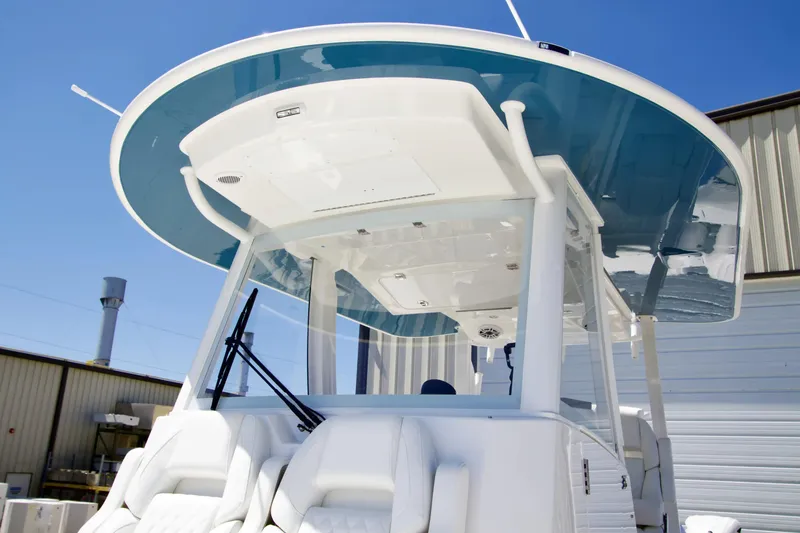 Slide: The Image of 2027 Regulator 35 boat with sleek design and modern features, viewed from below. - 6