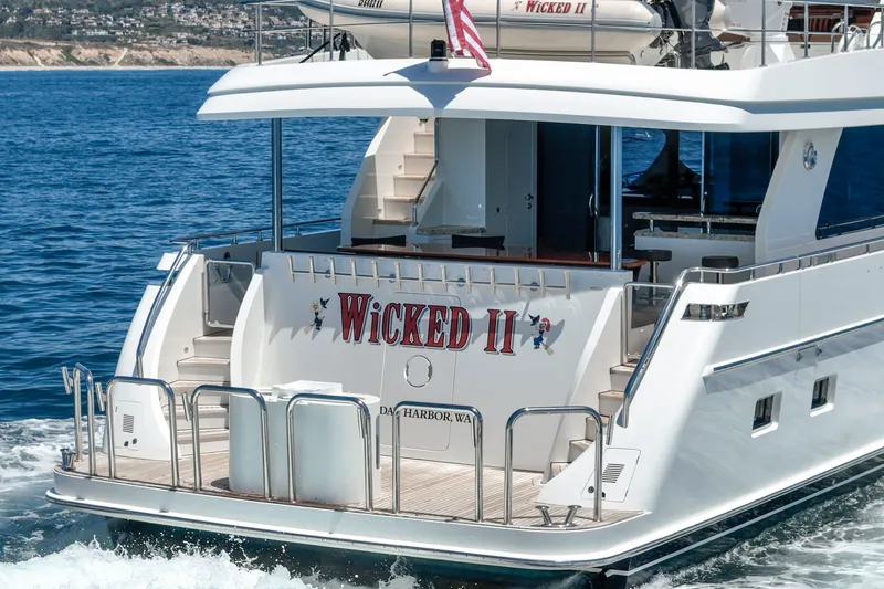 Slide: The Image of A luxurious motor yacht named "Wicked II" cruising on the sea. It features a spacious deck. - 22