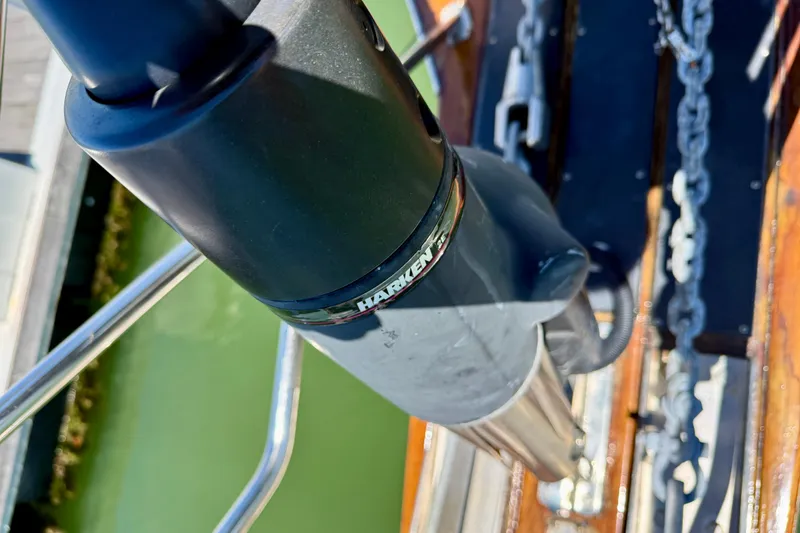 Slide: The Image of Close-up of Harken equipment on a 2003 Island Packet 485 sailboat deck. - 64