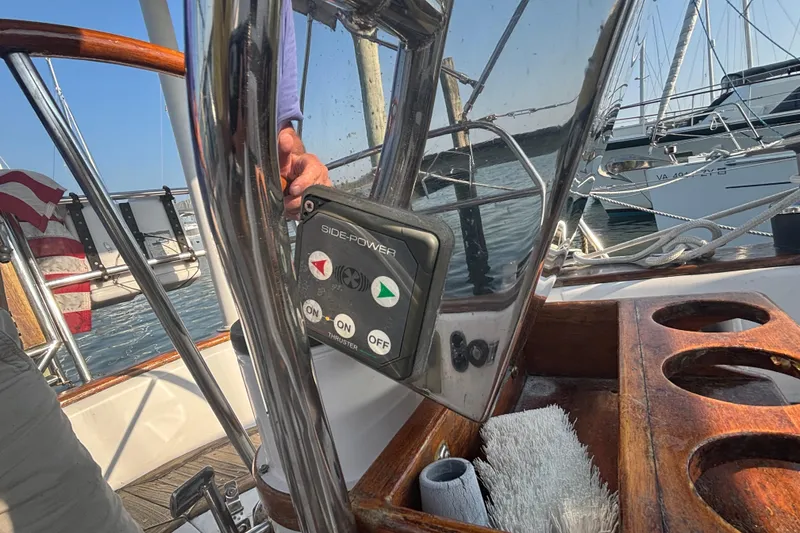 Slide: The Image of Control panel on 1988 Tayana 52 sailboat, featuring Side-Power thruster controls. - 33