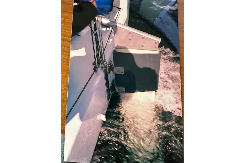 Slide: The Image of Sailboat rudder in action on water, Bravura B35, 1999 model. - 22