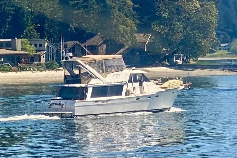 The Image of 1993 Bayliner 4588 Pilothouse cruising near a scenic shoreline with houses and trees. - 0