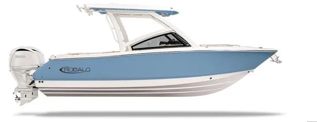 Slide: The Image of 2026 Robalo R257 Dual Console boat, side view. - 13