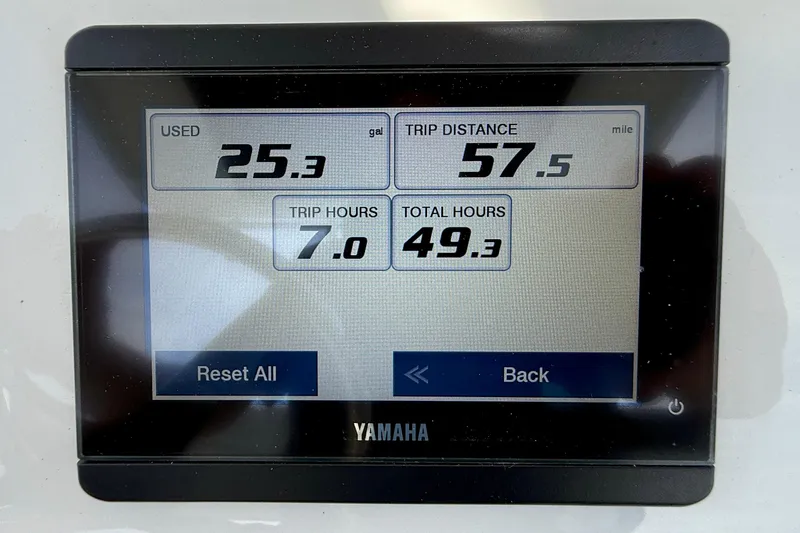 Slide: The Image of Yamaha display showing fuel usage, trip distance, and hours for 2023 Edgewater 245CC boat. - 22