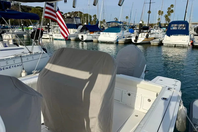 Slide: The Image of 2023 Edgewater 245CC boat docked in a marina with American flag and covered seats. - 37