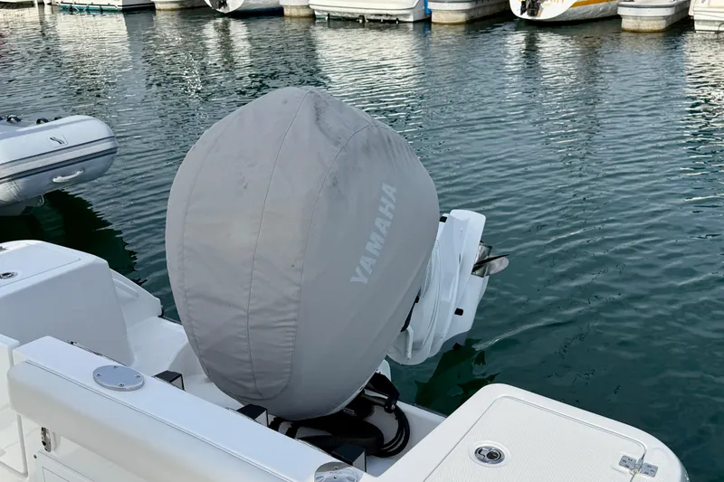 Slide: The Image of 2023 Edgewater 245CC boat with Yamaha engine cover, docked in marina. - 38