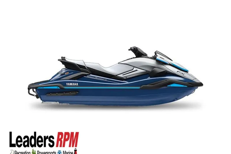 Slide: The Image of 2026 Yamaha WaveRunner FX HO, blue and white jet ski, side view. - 1