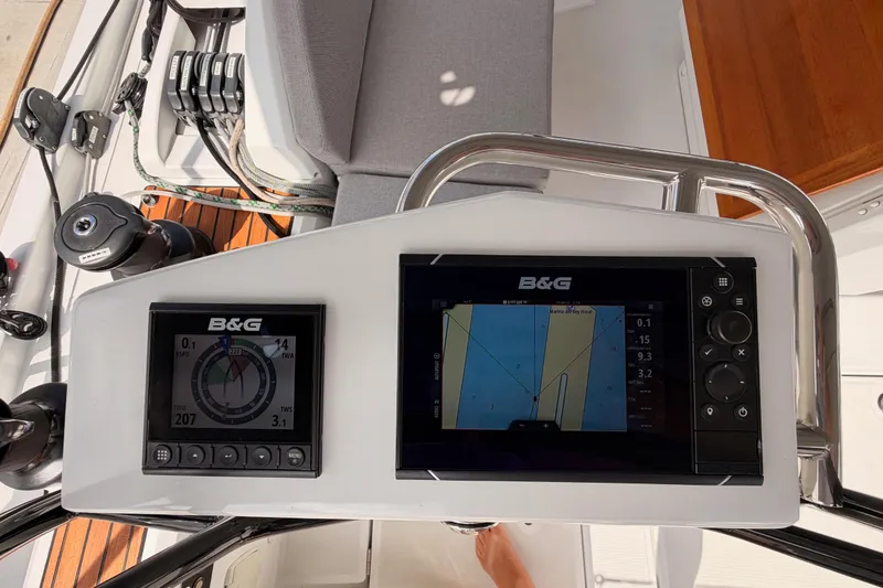 Slide: The Image of Beneteau Oceanis 46.1 2020 yacht cockpit with B&G navigation displays and controls. - 53