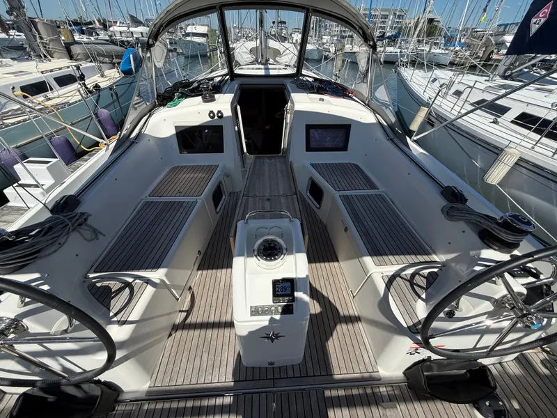 Slide: The Image of Cockpit of Jeanneau Sun Odyssey 410, 2023, docked at marina. - 15