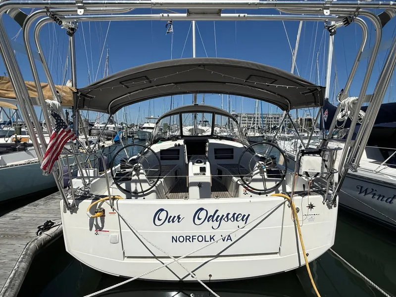 Slide: The Image of Jeanneau Sun Odyssey 410 sailboat docked, 2023 model. - 2