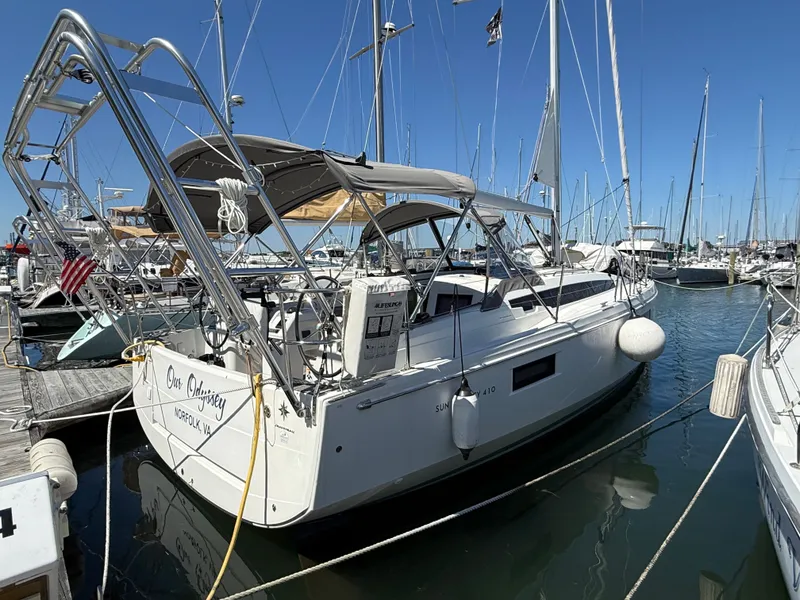 Slide: The Image of Jeanneau Sun Odyssey 410 sailboat docked in marina, 2023 model. - 3