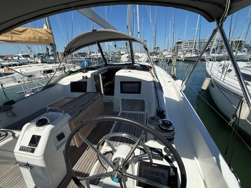 Slide: The Image of Jeanneau Sun Odyssey 410 sailboat in harbor, 2023 model. - 6