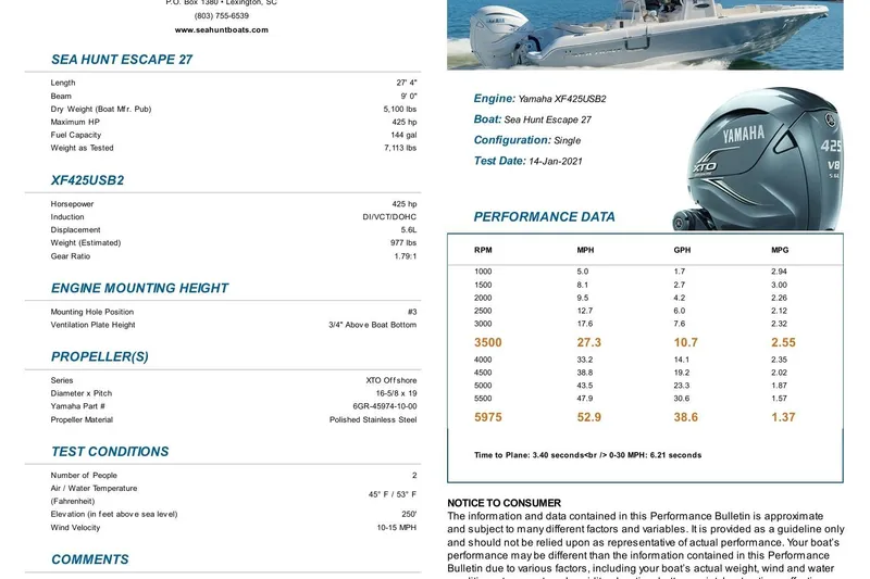 Slide: The Image of Sea Hunt Escape 27 boat specifications and performance data with Yamaha XF425USB2 engine. - 28