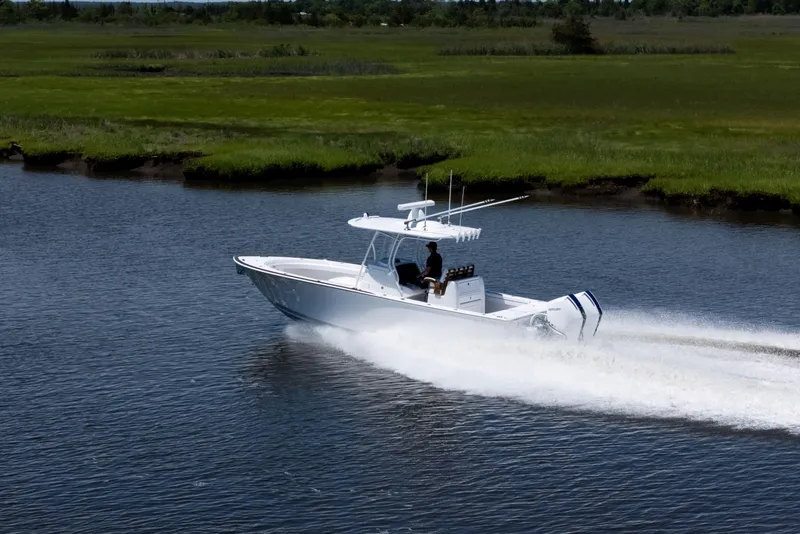 Slide: The Image of 2027 Valhalla Boatworks V-29 Hybrid cruising on a serene waterway. - 10