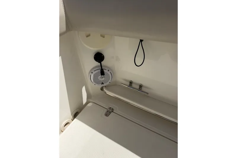Slide: The Image of Interior detail of a 2019 Boston Whaler 280 Outrage boat, featuring a speaker and cleat. - 11