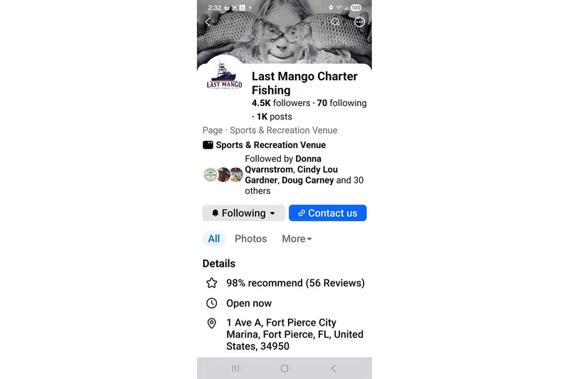 Slide: The Image of Last Mango Charter Fishing Facebook page details with contact info and location in Fort Pierce, FL. - 35