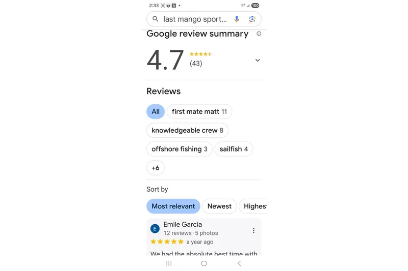 Slide: The Image of Google review summary for Young Brothers 1987 Custom Sport Fish, rated 4.7 stars with 43 reviews. - 37