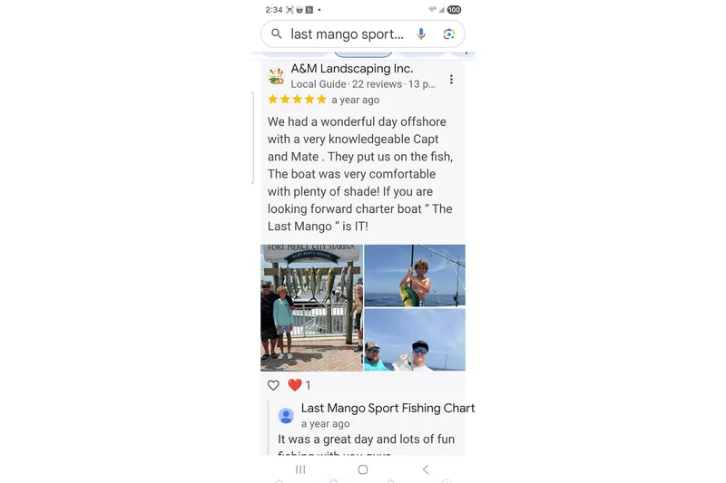 Slide: The Image of Google search results for 'Last Mango Sport Fishing' with customer reviews and fishing photos. - 38