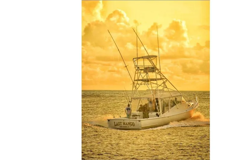 Slide: The Image of 1987 Young Brothers sport fishing boat at sunset on the ocean. - 40