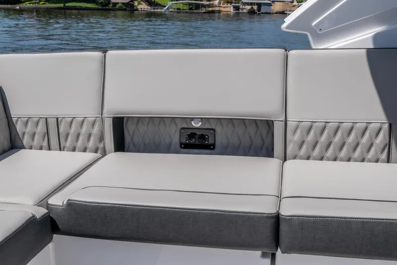 Slide: The Image of Luxurious seating on the 2027 Monterey 385SS Super Sport boat, featuring elegant diamond stitching. - 15