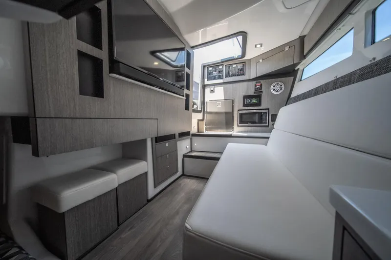 Slide: The Image of Luxurious interior of 2027 Monterey 385SS Super Sport yacht with modern amenities. - 39