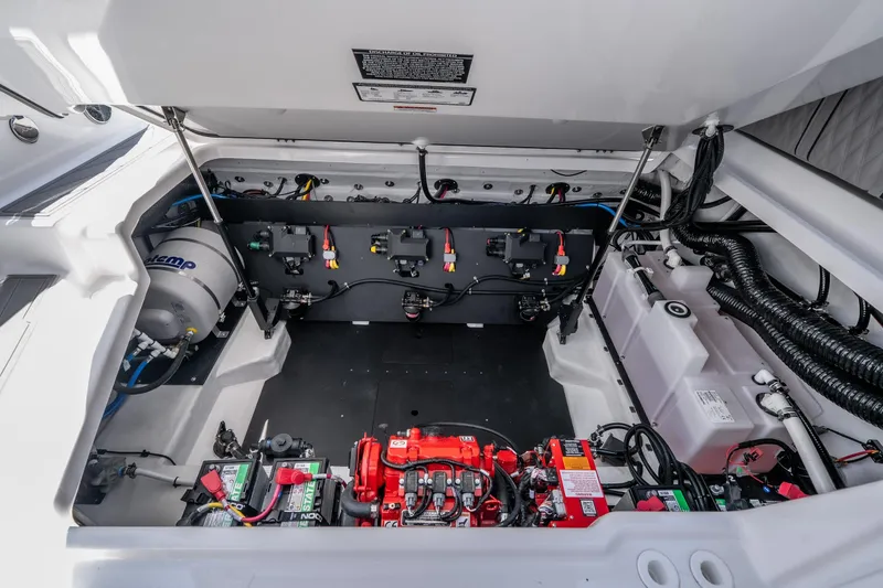 Slide: The Image of Engine compartment of 2027 Monterey 385SS Super Sport boat, showcasing advanced mechanical components. - 53