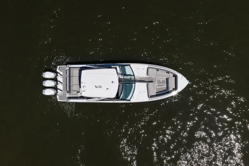 Slide: The Image of Aerial view of 2027 Monterey 385SS Super Sport boat on water. - 7