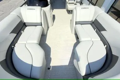 Slide: The Image of 2026 Coach Pontoons 223 RFC interior with luxurious white seating and spacious layout. - 8
