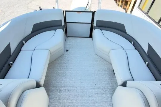 Slide: The Image of Luxurious seating on 2026 Coach Pontoons 223 RFC boat, featuring sleek, modern design. - 22