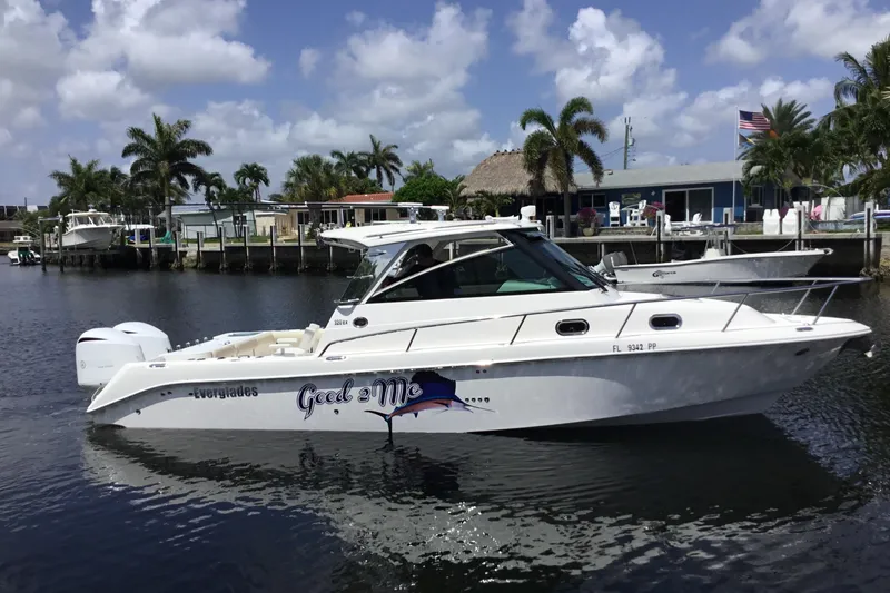 Slide: The Image of 2013 Everglades 320EX boat docked on a sunny day, surrounded by palm trees. - 2