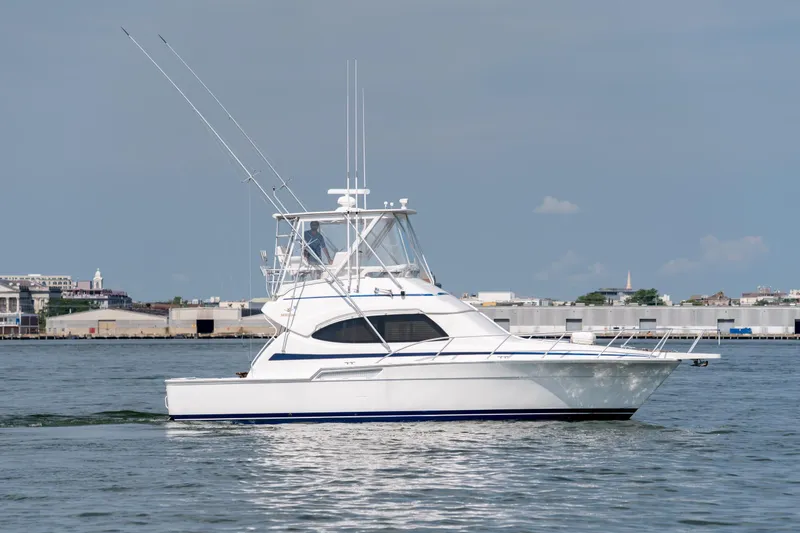 The Image of 2003 Bertram 390 Convertible yacht on calm water, cityscape background. - 0