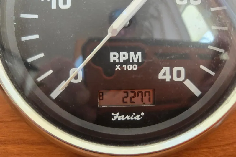 Slide: The Image of Close-up of a 2008 Mainship 400 Trawler tachometer showing 2270 RPM. - 19