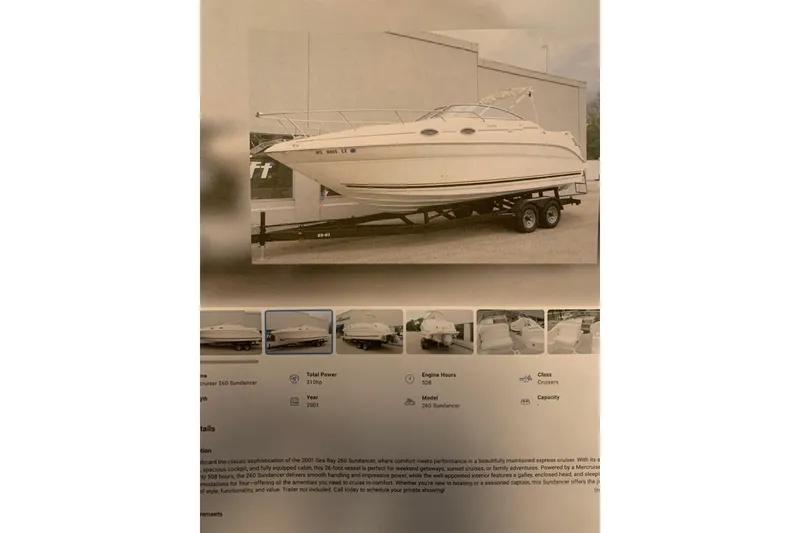 Slide: The Image of 2001 Sea Ray Sundancer 260 boat on trailer, displayed outdoors with detailed specifications below. - 5