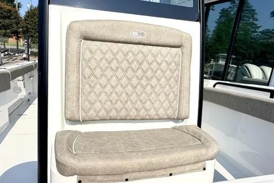 Slide: The Image of 2026 Sea Hunt Gamefish 27 Forward Seating with cushioned bench and diamond-pattern upholstery. - 27