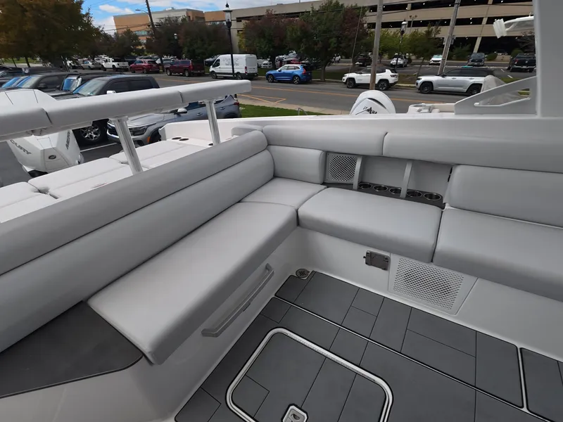 Slide: The Image of The image shows the cockpit of a 2021 Aviara AV32 OB with gray upholstery and modern details. - 8